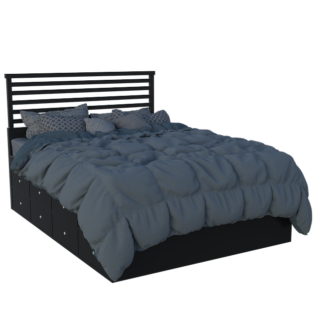 Detail moderní černé manželské postele s šedým povlečením